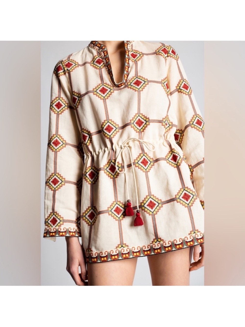 Tory Burch Cream Tunic with Red and Gold Embroidery EUC